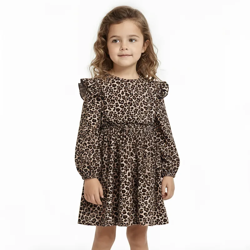 dress with ruffles, long sleeve dress, leopard print dress