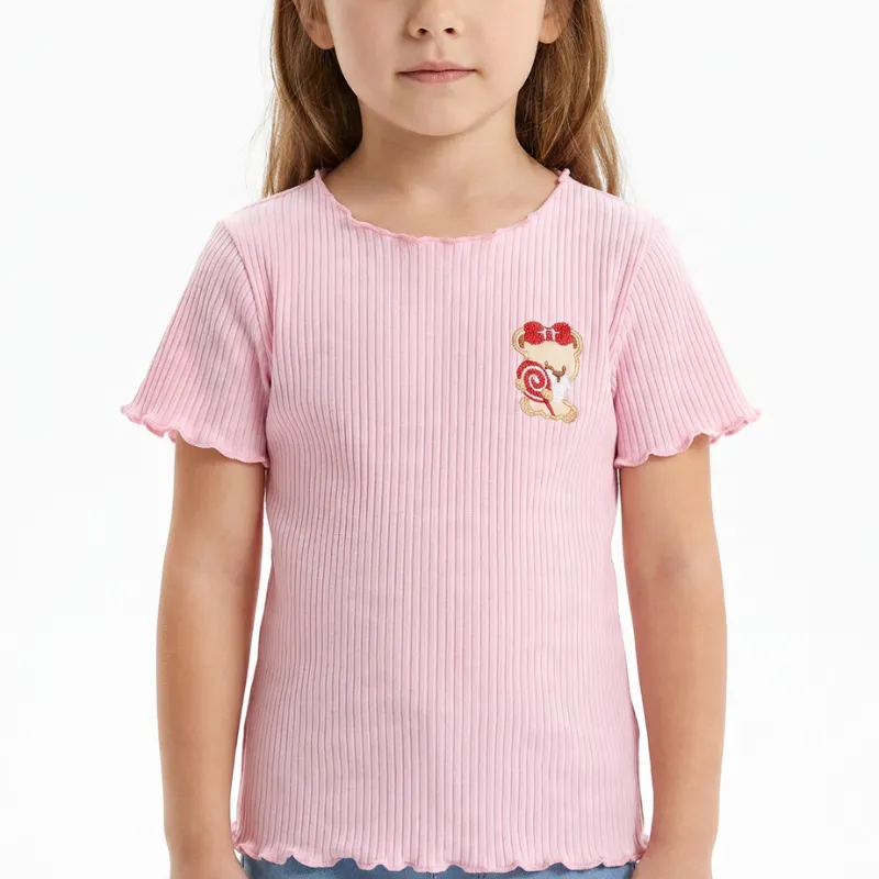 Cute Cotton Summer T-Shirt with Lettuce Hem for Girls